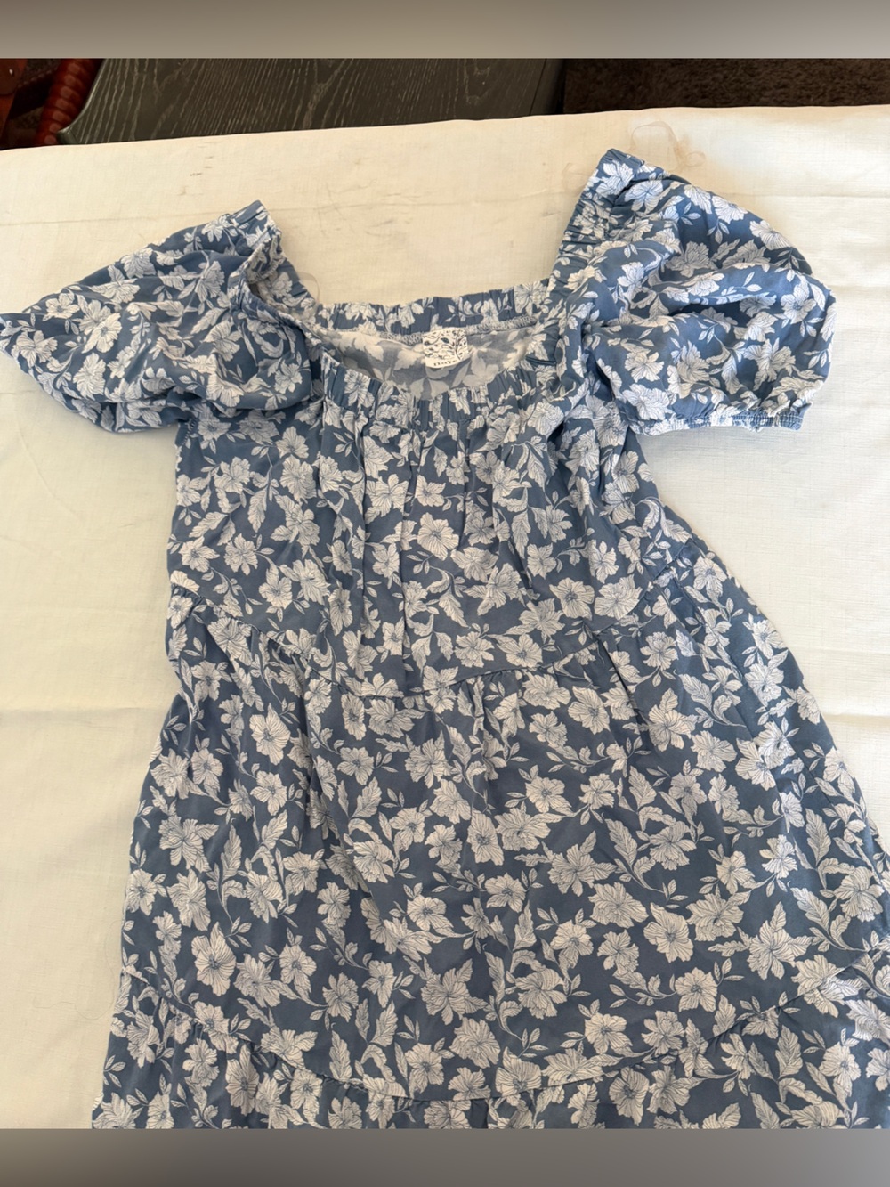 Off-the-Shoulder Blue Floral Puff-Sleeve Mini Dress